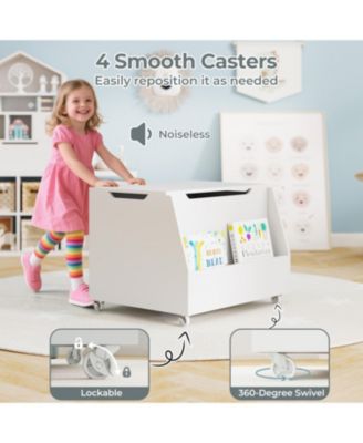 Wooden Mobile Toy Storage Organizer with Bookshelf and Lockable Wheels