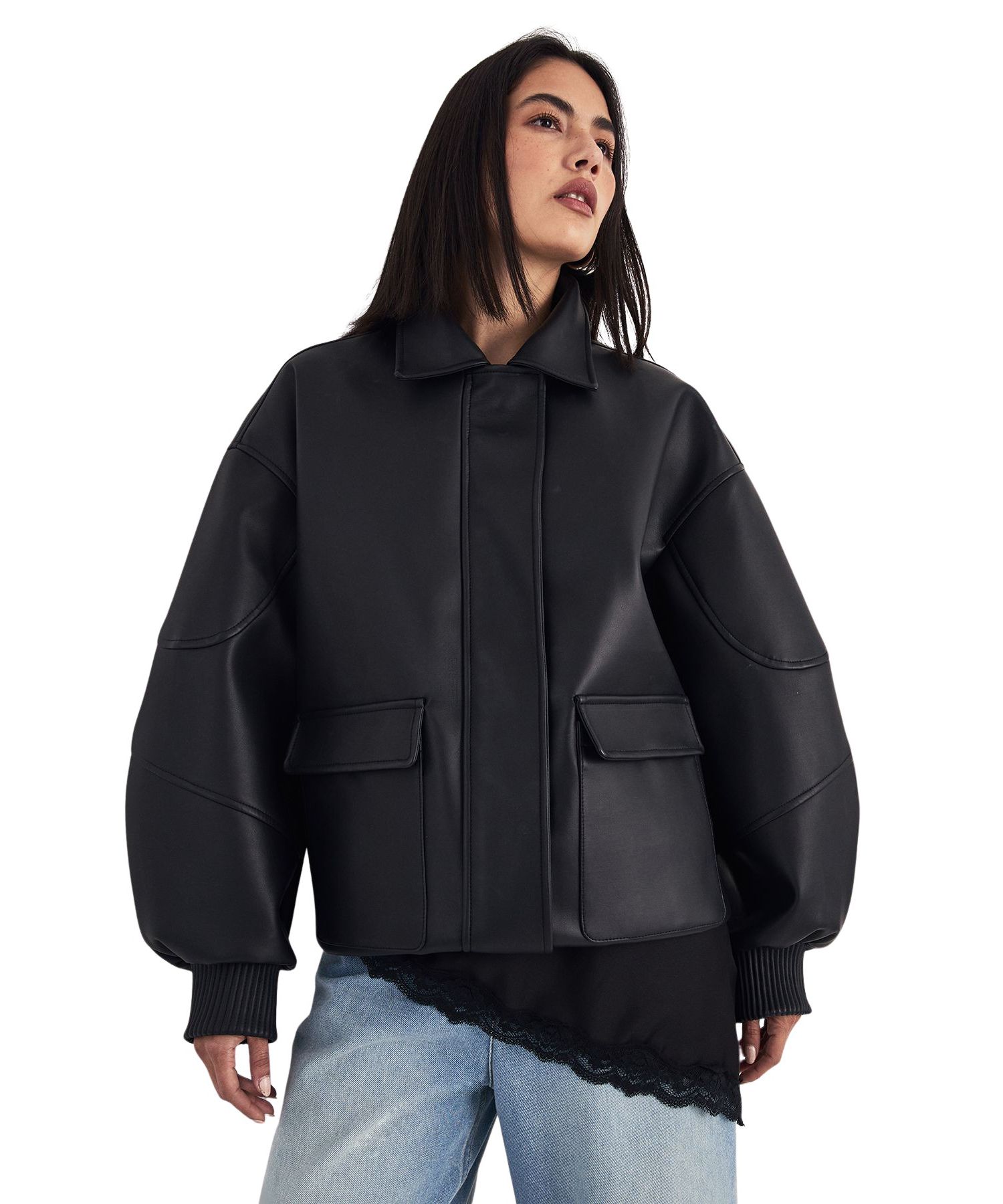Women's Longline Faux Leather Bomber Jacket