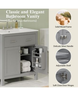 60 Inch Double Sink Bathroom Vanity with Ceramic Sinks, Solid Wood Frame, Flip-Out Drawer and Adjustable Shelf