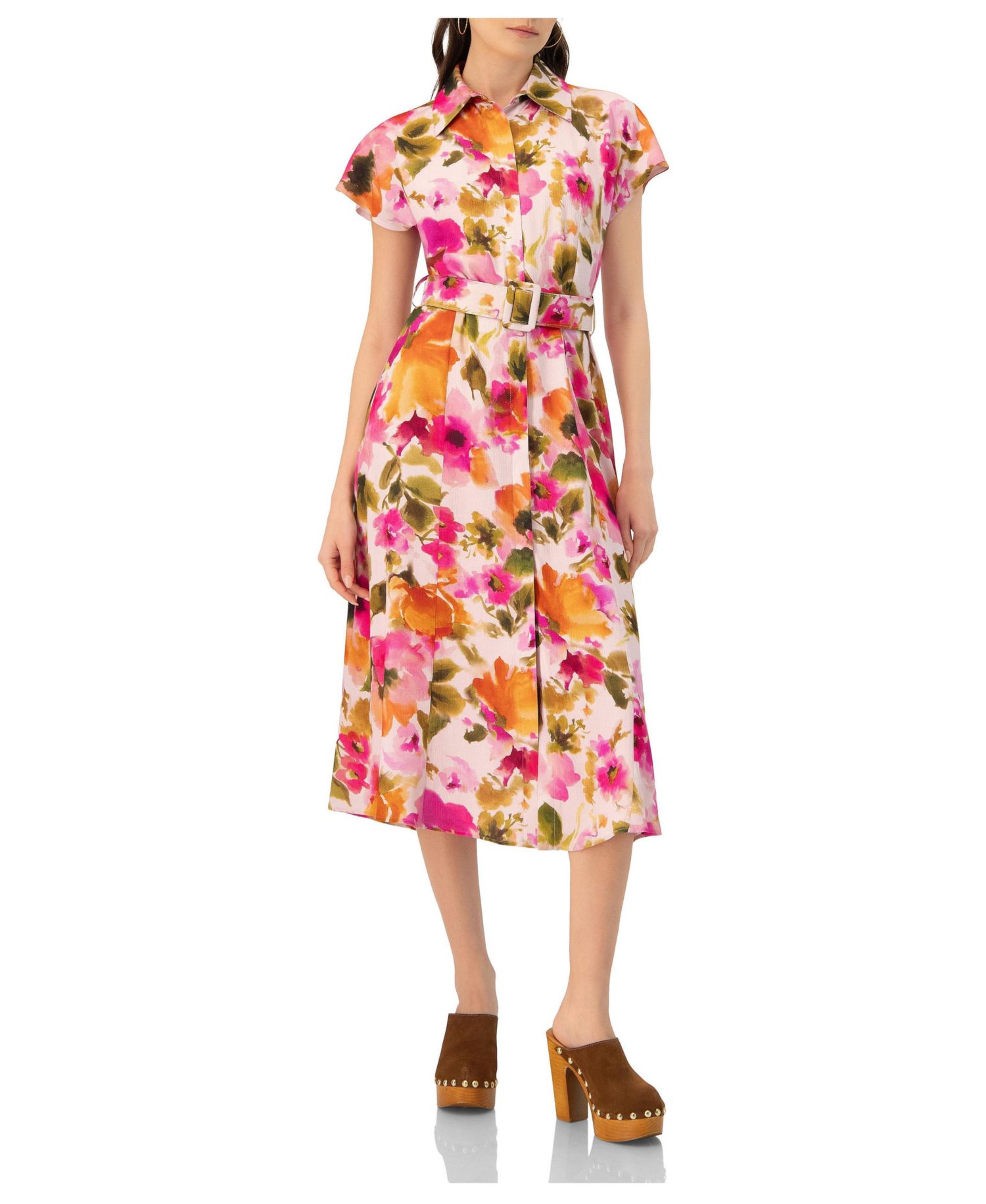 Women's Midi Belted Floral Print Shirt Style Dress