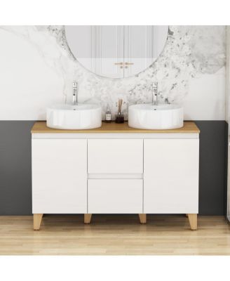  Double Bathroom Vanity with Solid Wood Top, Round Ceramic Sinks, Glossy Cabinet, Soft-Close Storage for Large Spaces