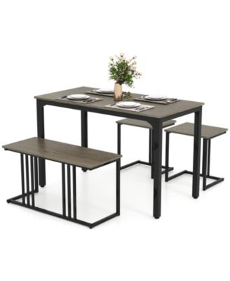 4 Pieces Space-Saving Dining Table Set with Bench and 2 Stools-Oak