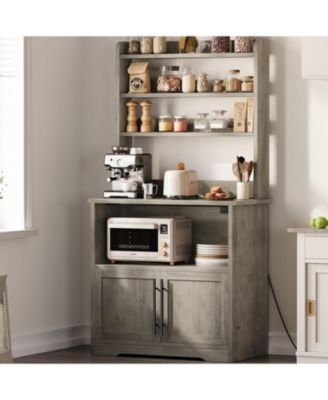 baker s rack with storage cabinet, microwave stand with power outlets, farmhouse pantry with thick tabletop, compact kitchen hutch.