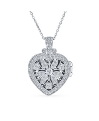 Vintage Style Keepsake Flower Heart Shape Photo Locket Pendant Necklace .925 Sterling Silver