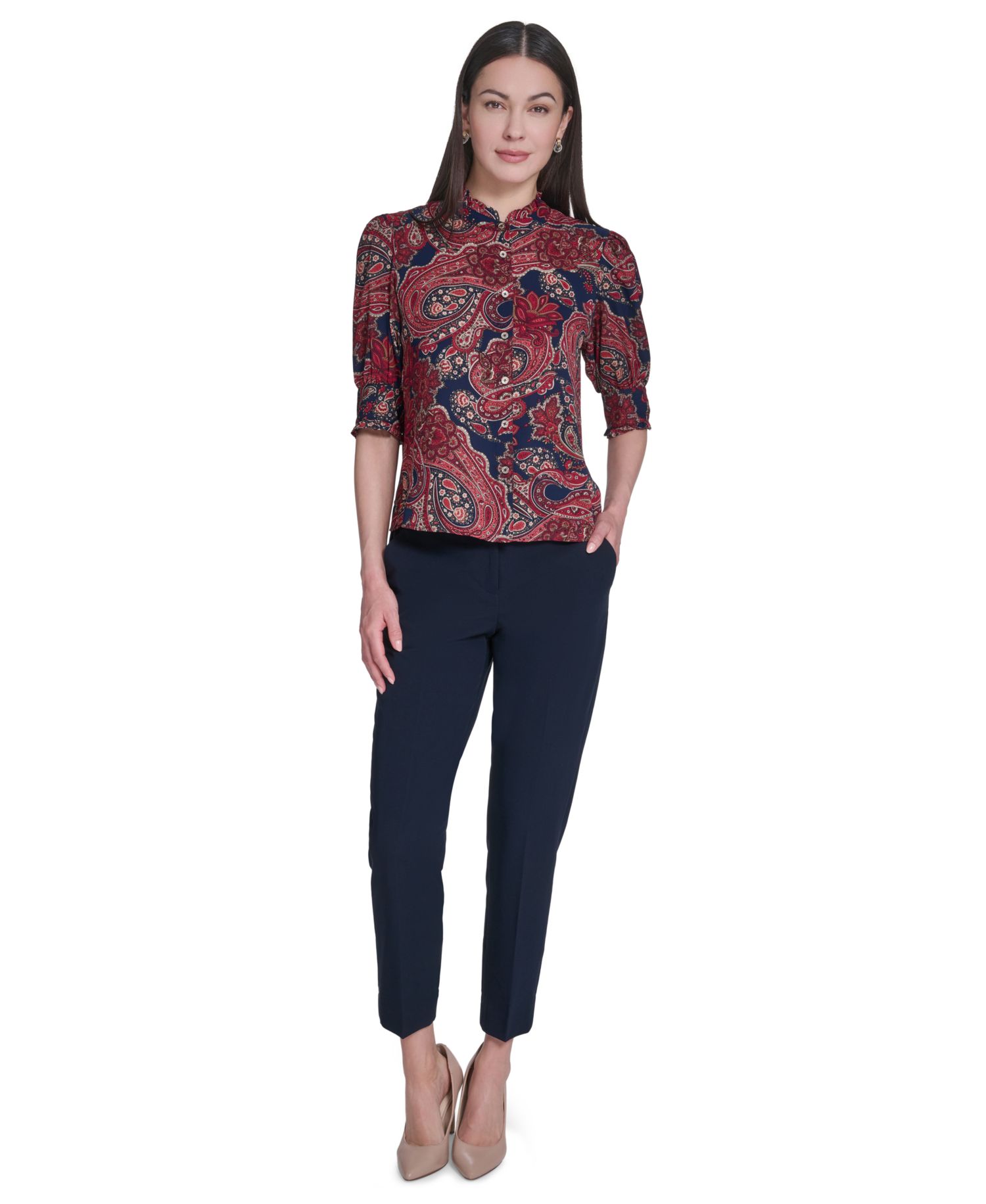 Women's Paisley Print Ruffle Neck Button Up Blouse