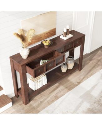 Entryway, Console Table Narrow Sofa Table Behind Couch, Farmhouse Entry Table with 2 Drawers, 2-Tier Open Shelf Hallway Foyer Table