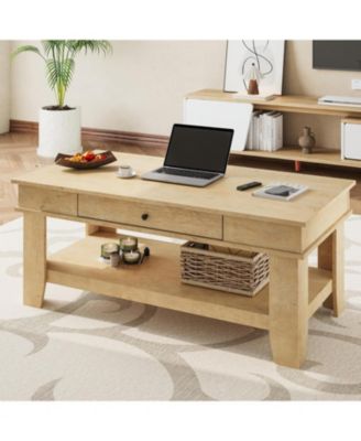 Light Wood Coffee Table with Drawer, 47.2" Center Table with Storage Shelf, Rustic Coffee Tables Long Living Room Furniture