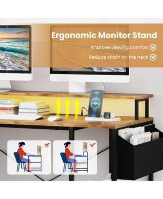 L-Shaped Gaming Desk with LED Lights and Built-In Power Outlets, Corner Workstation