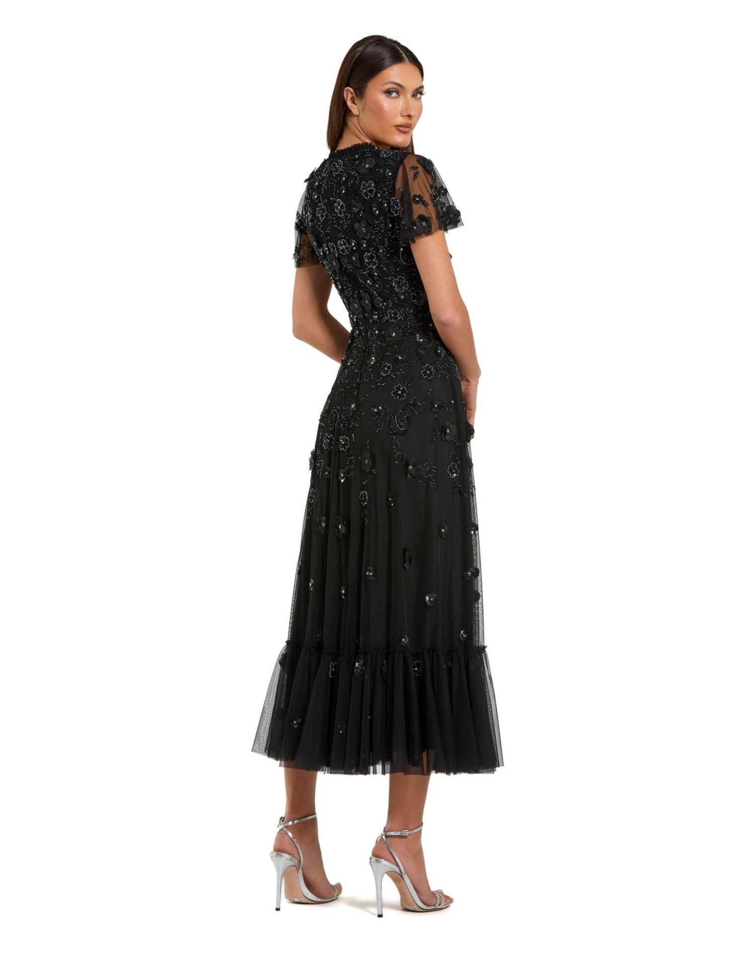 Petite Embellished High Neck A-Line Dress with Flutter Sleeves