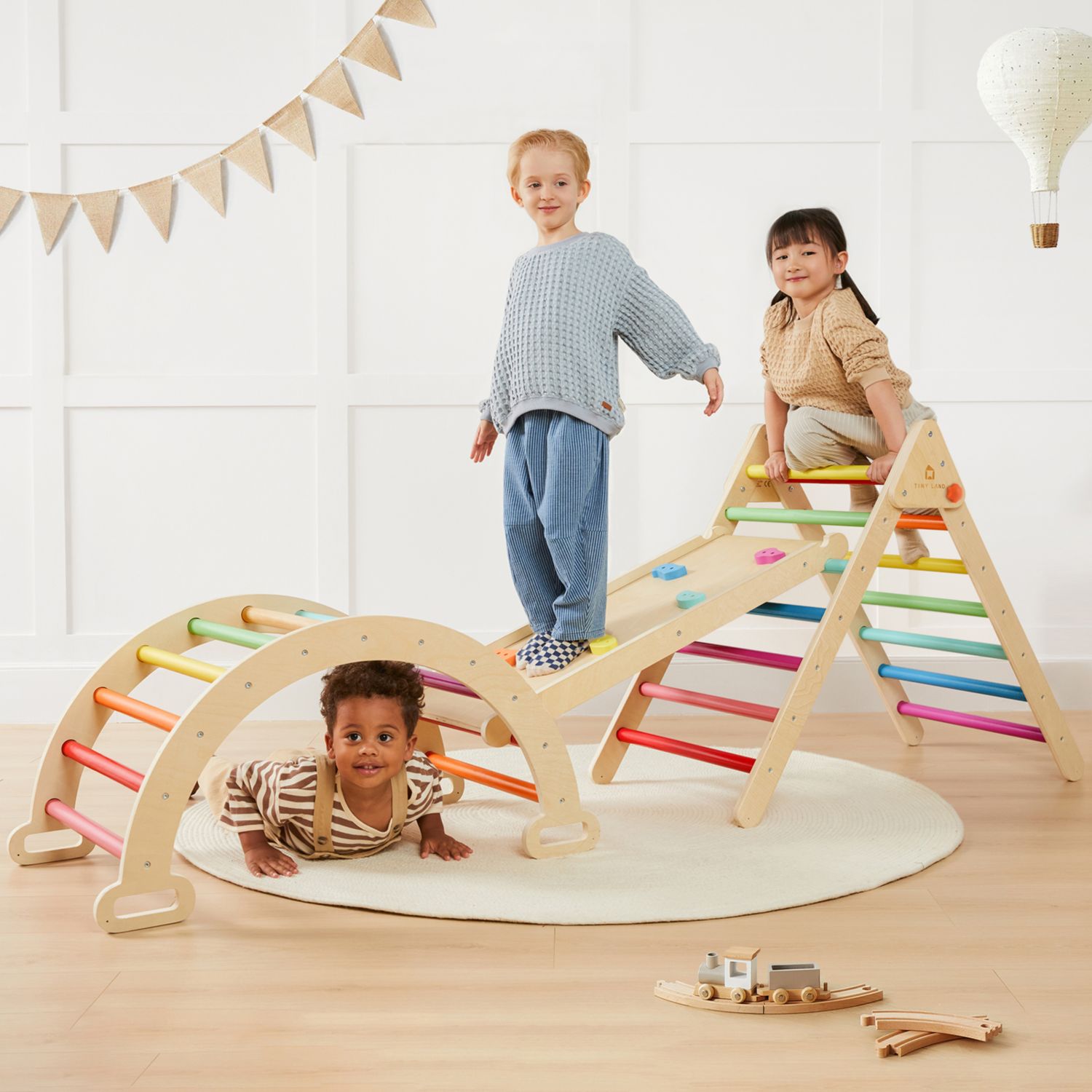 Pikler Triangle Set, 7-in-1 Wooden Montessori Climbing Toy Set, Toddler Indoor Playground Jungle Gym - Rainbow