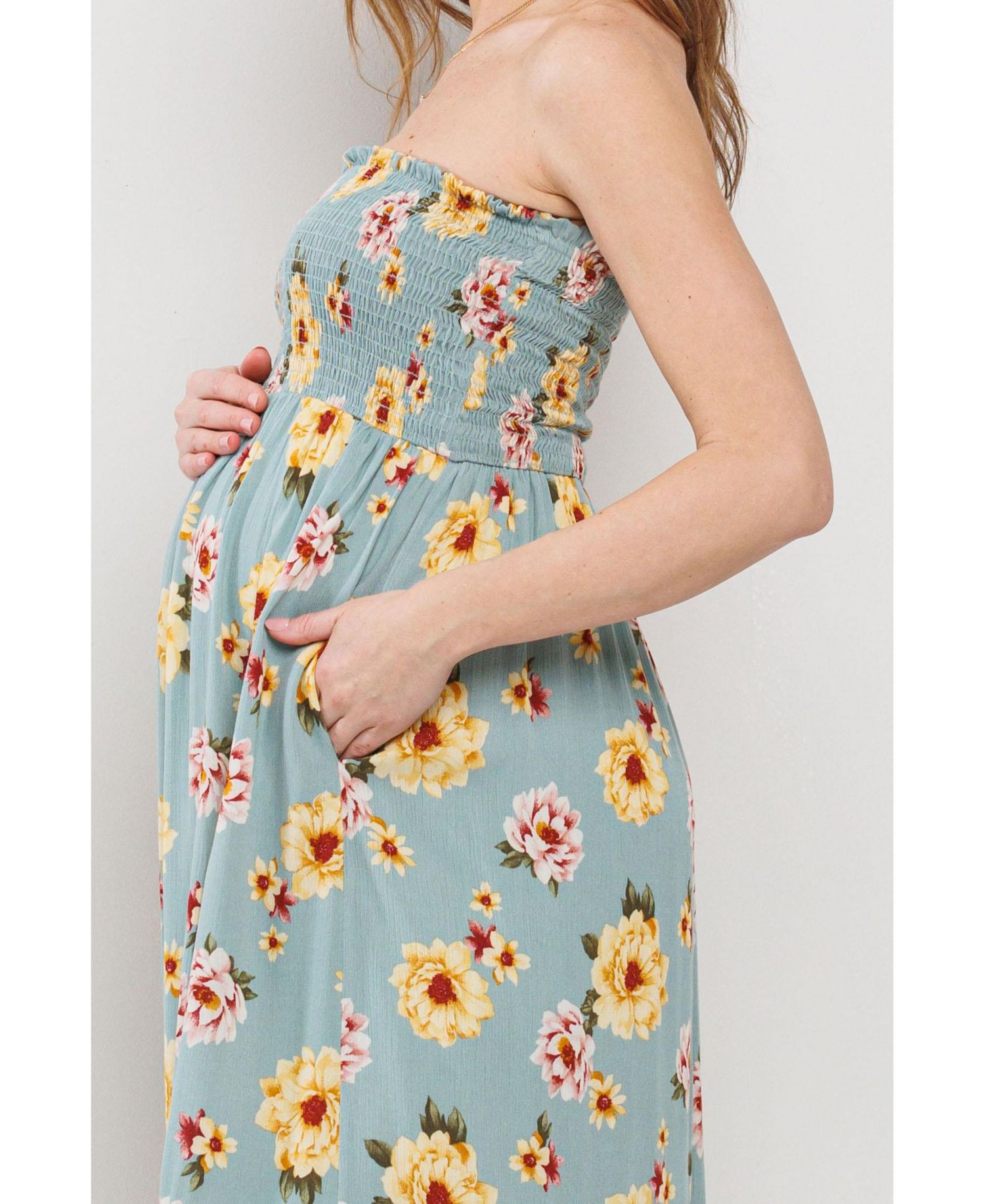 Maternity Floral Smocked Strapless Midi Dress