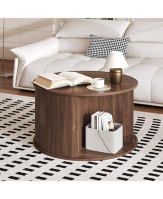 28" Round Coffee Table with Storage, Mid Century Modern Fluted Accent Table with Sliding Tambour Door for Living Room