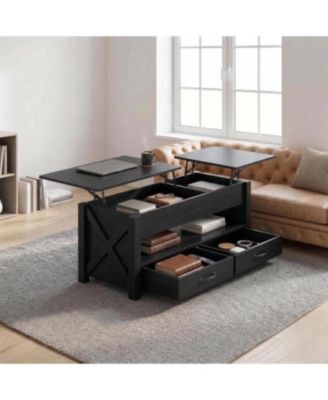 47.2'' Lift-Top Coffee Table with Split Lift Design, Storage Shelf, 2 Drawers & Hidden Compartment - Farmhouse Adjustable Center Table