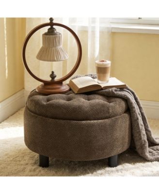 25" Round Storage Ottoman - Modern Tufted Fabric Circle Coffee Table with Removable Top, Footrest Stool for Living Room, Bedroom