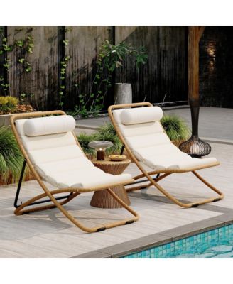 2-Piece Foldable Rattan Lounge Chair Set, Outdoor Reclining Chair with Adjustable Backrest, Thick Cushion and Removable Headrest for Beach
