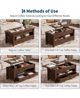 47.2" Lift Top Coffee Table with Storage, Split Lift Design, 2 Drawers and Hidden Compartment, Farmhouse Center Table