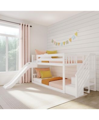 Max and Lily Twin Over Twin Low Bunk Bed with Slide and Stairs, Solid Wood Kids Platform Bed with Guardrails