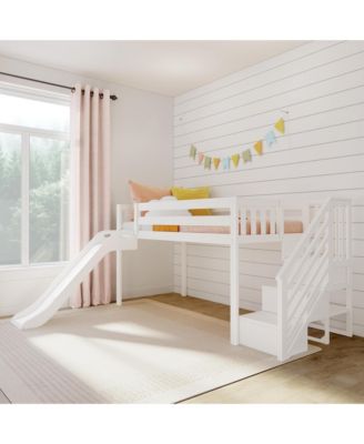 Max &  Lily Twin Size Low Loft Bed with Slide and Stairs, Solid Wood Kids Platform Bed with 14" Guardrails