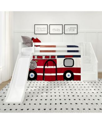 Low Loft With Stairs, Easy Slide and Firetruck Curtain