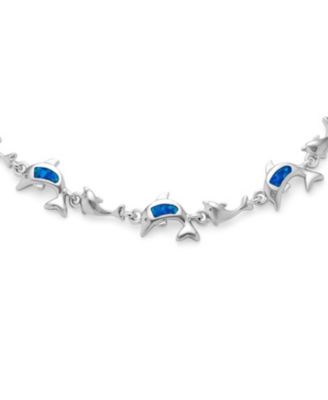 Nautical Created Blue White Opal Inlay Dolphins Bracelet .925 Sterling Silver