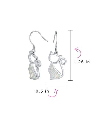 Animal Lover Pet Kitten White Created Opal Cat Dangle Earrings Sterling Silver