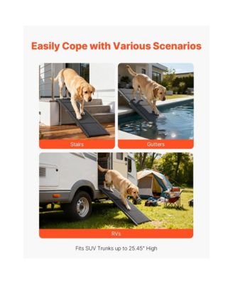 71" Folding Dog Ramp for Cars, SUV and Truck. Non-slip felt surface, supports up to 250lbs, portable design, ideal