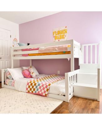 Wooden Twin over Full Low Bunk Bed for Kids with Staircase