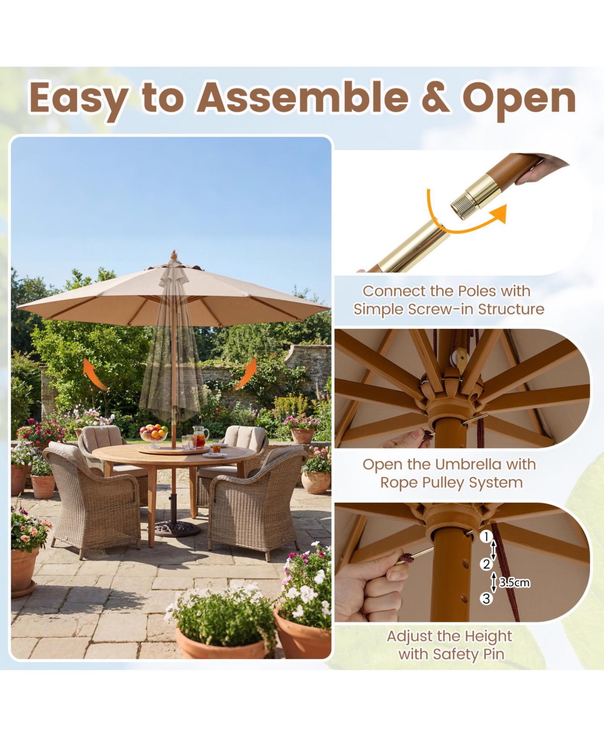 Sugift 9 Ft Patio Umbrella Outdoor Table Market Umbrella with 8 Sturdy Bamboo Ribs