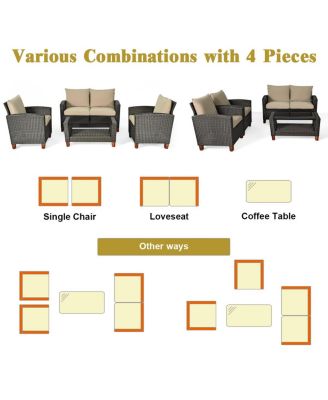 4PCS Patio Rattan Furniture Set Solid Wood Leg Cushioned Sofa Garden Lawn