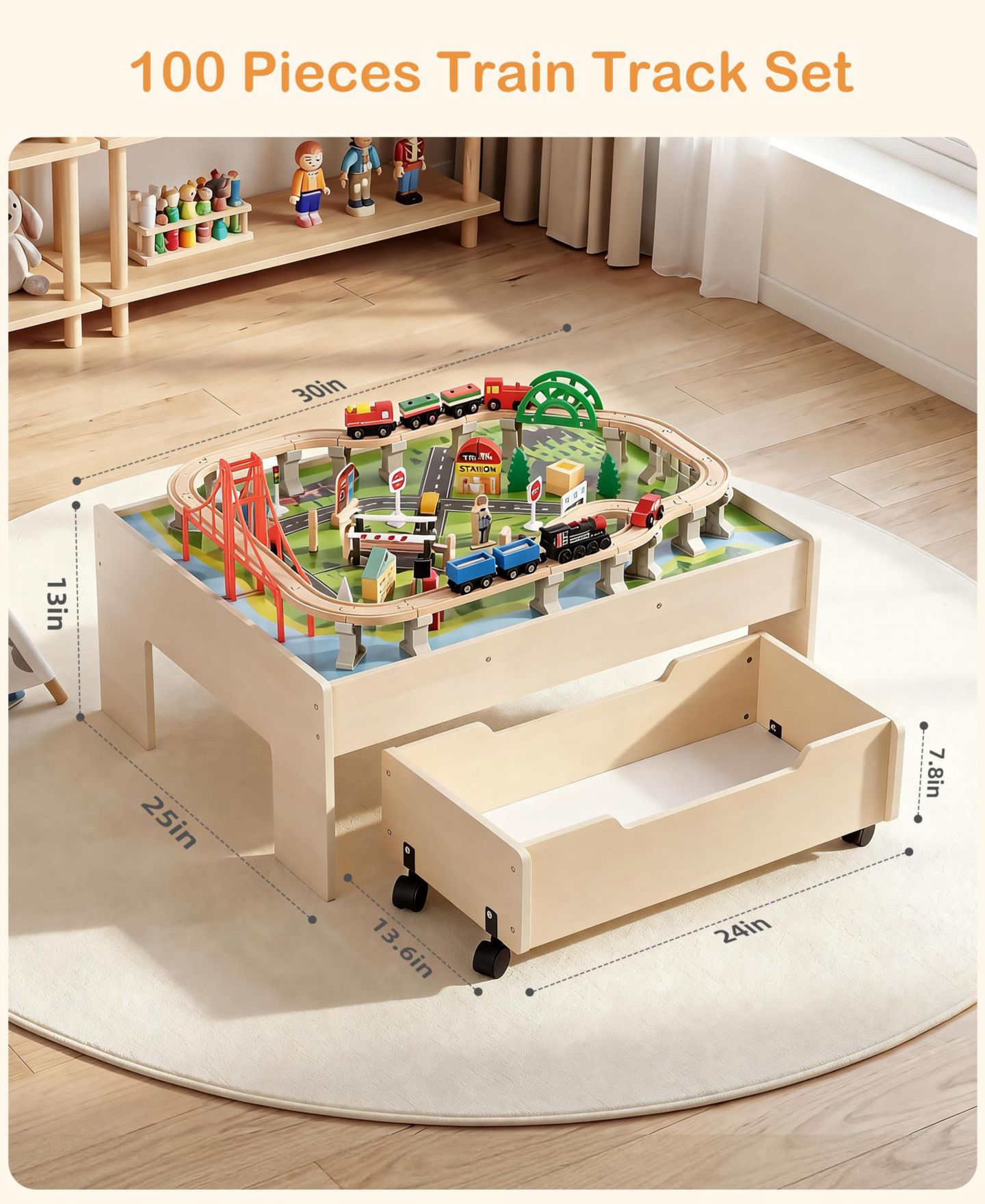 Детские игрушки SUGIFT 100-Piece Multicolor Wooden Kids Activity Table, 3-in-1 Wooden Train Set with Rolling Storage Drawer, Creative Toy Set for Kids Ages 3+, цвет: Натуральный — фото 3