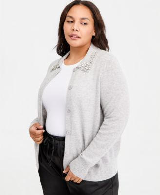 Plus Size 100% Cashmere High-Rib Embellished Cardigan