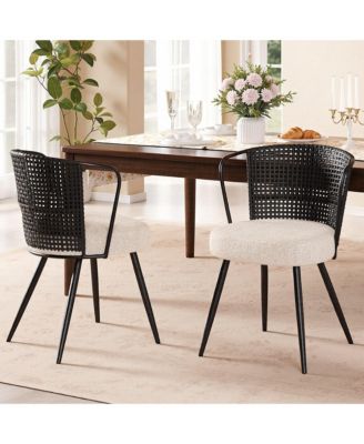 Rattan Dining Chairs Farmhouse Upholstered Cane Back Kitchen Chair with Boucle Cushion, Metal Legs and Wingback