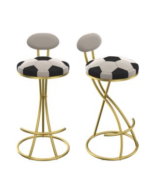 Football Print Bar Stools Set of 2 - Velvet Upholstered Counter Height Chairs with S-Shape Metal Legs, Footrest for Kitchen Island