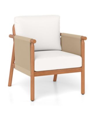 Acacia Wood Patio Chair with Woven Rope Armrests and Cushions