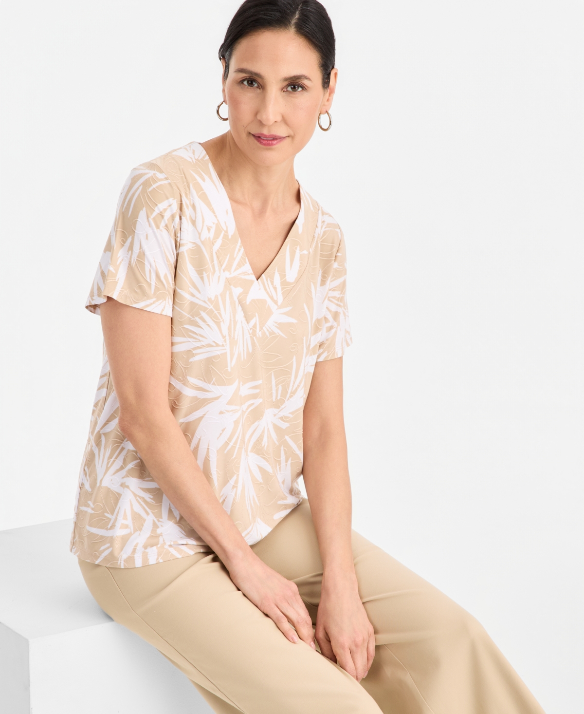 Jm Collection Women's Printed Short Sleeve V-Neck Jacquard Top, Macy's Exclusive