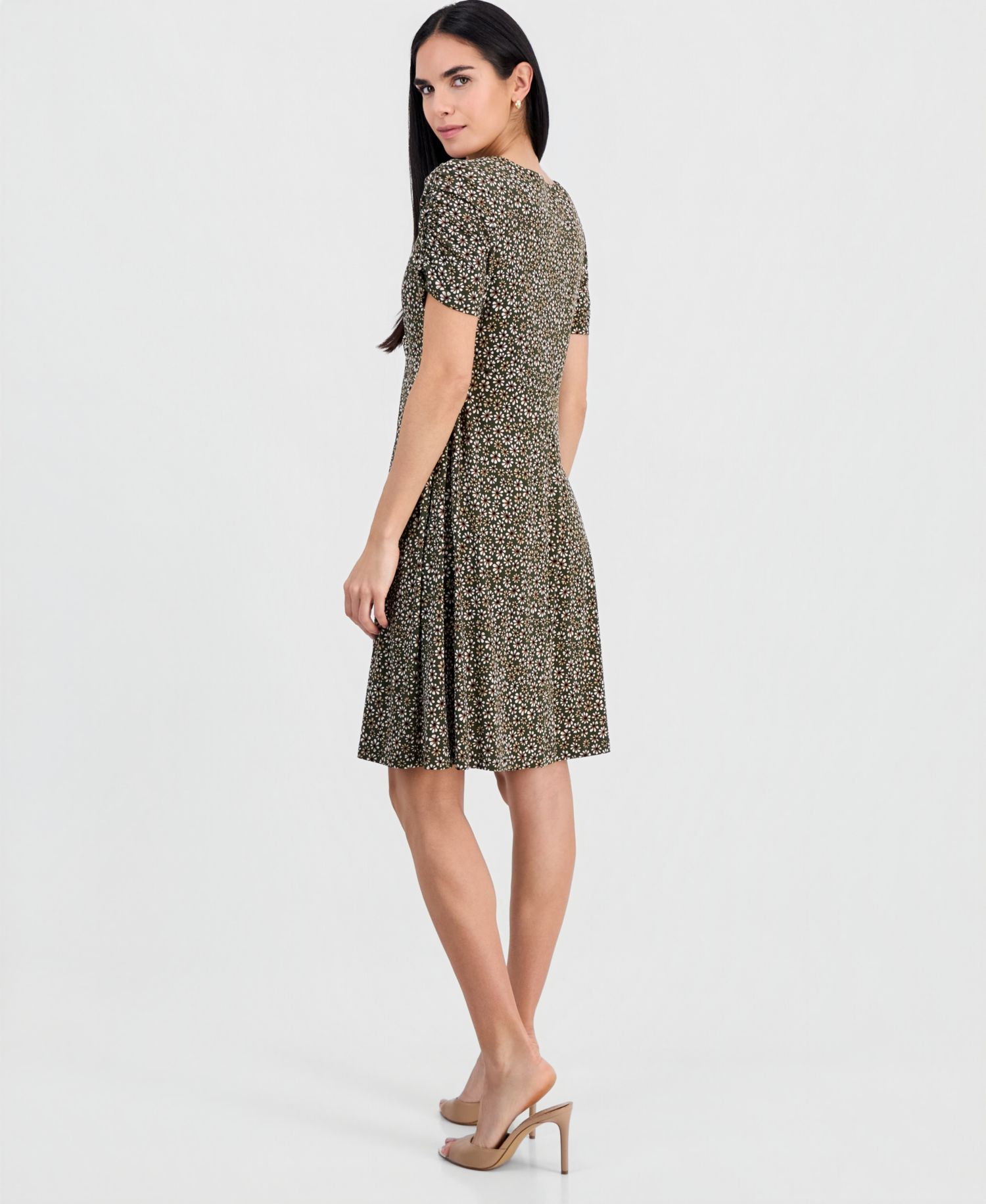 Petite Ruched-Sleeve Crossover-Neck Dress