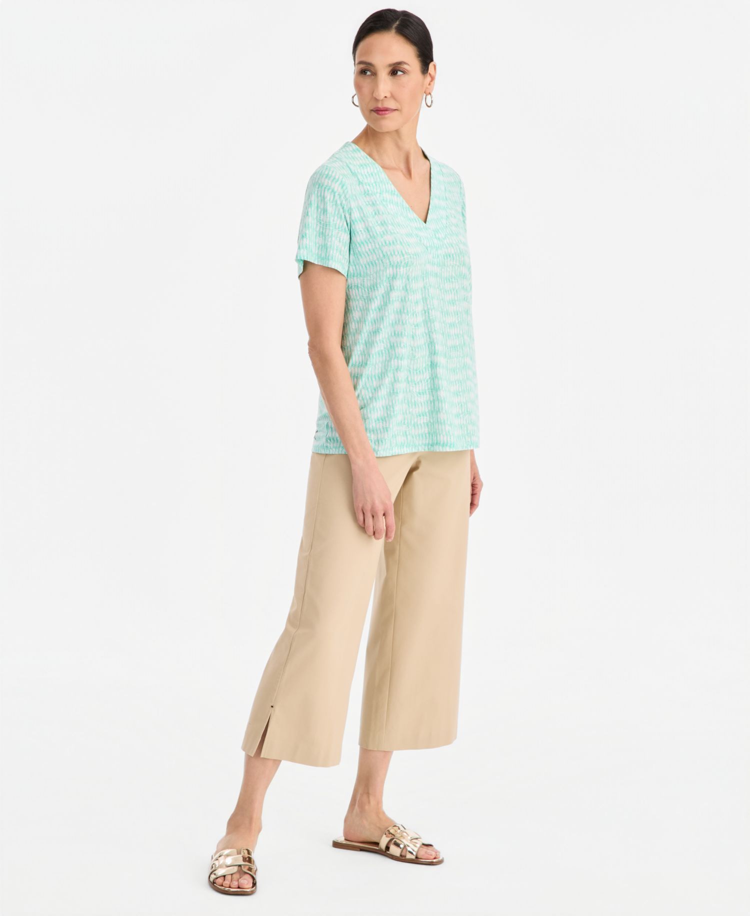 Women's Printed Short Sleeve V-Neck Jacquard Top