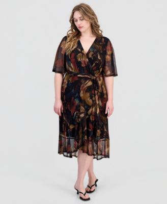 Plus Size Printed Flutter-Sleeve Faux-Wrap Midi Dress