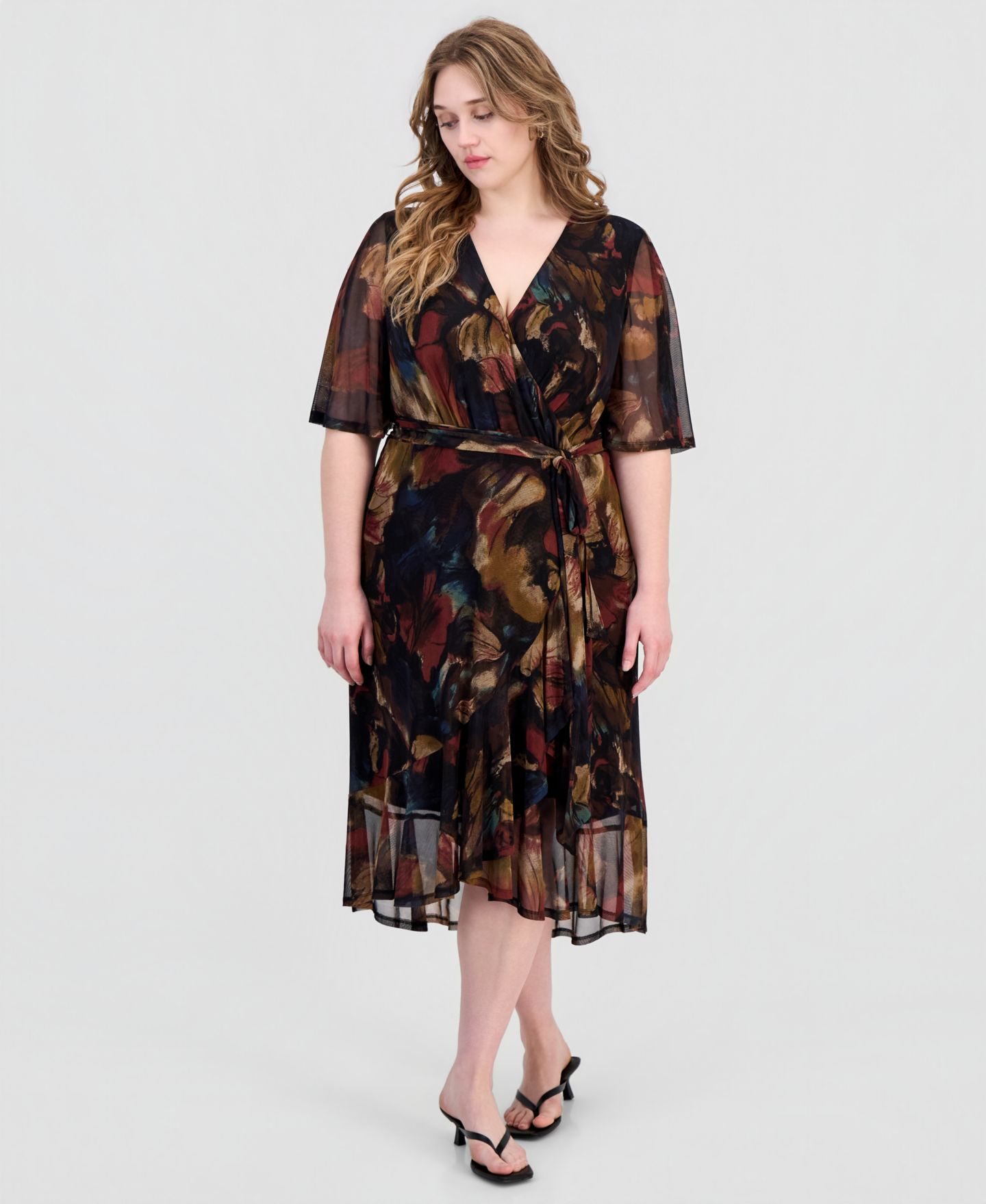 Женское платье Connected Plus Size Printed Flutter-Sleeve Faux-Wrap Midi, цвет: Spi — фото 1