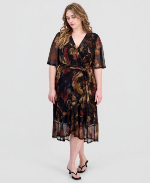 Женское платье Connected Plus Size Printed Flutter-Sleeve Faux-Wrap Midi, цвет: Spi