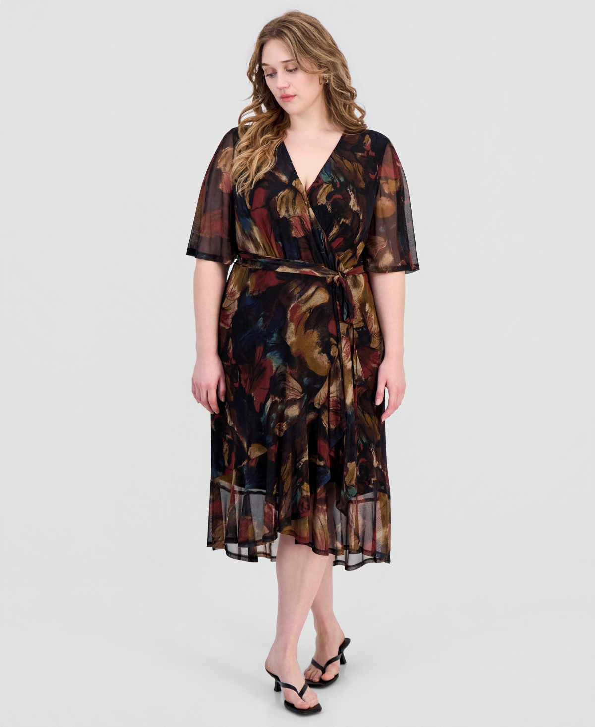 Connected Plus Size Printed Flutter-sleeve Faux-wrap Midi Dress