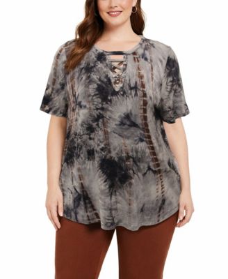 Plus Size Tie Dye Lace Up Short-Sleeve Top