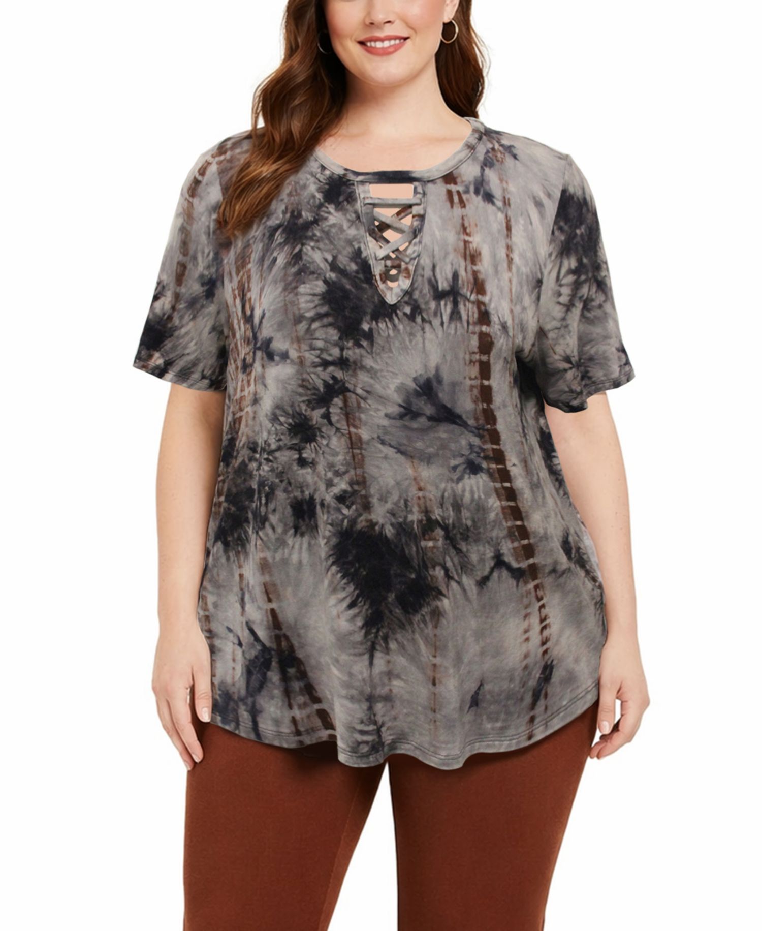 Plus Size Tie Dye Lace Up Short-Sleeve Top