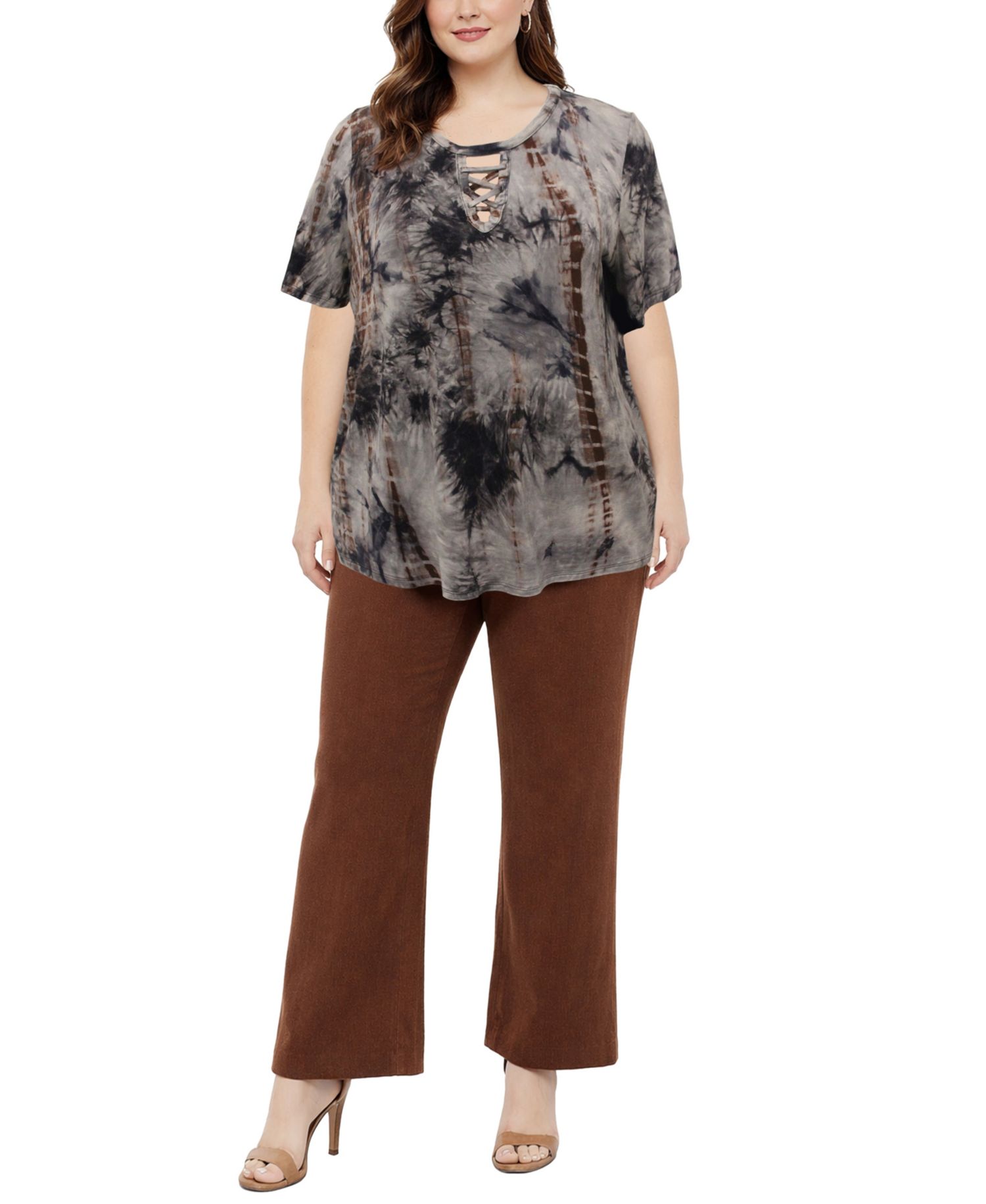 Plus Size Tie Dye Lace Up Short-Sleeve Top