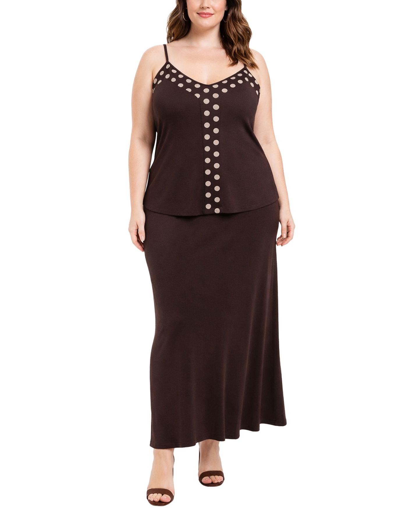 Женский топ COIN 1804 Plus Size Polka Dot Mesh Panel Cami Top, цвет: Коричневый / Слоновая кость — фото 2