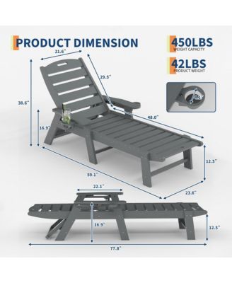 Durable HDPE Folding Chaise Lounge 2-Pack - 5 Position Adjustable with Cup Holder and Wheels - Weather-Resistant for Deck, Poolside, Garden