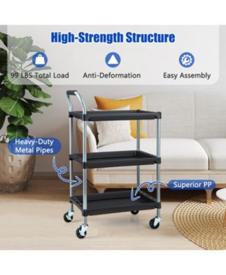3-Tier Utility Rolling Cart with PP Shelves and Locking Wheels