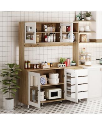 Large Kitchen Hutch Cabinet, Storage Cupboard Pantry with 4 Glass Doors, 4 Drawers and Microwave Shelf, Buffet,Sideboard