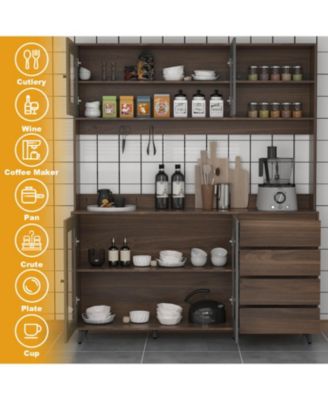 Large Kitchen Hutch Cabinet, Storage Cupboard Pantry with 4 Glass Doors, 4 Drawers and Microwave Shelf, Buffet,Sideboard