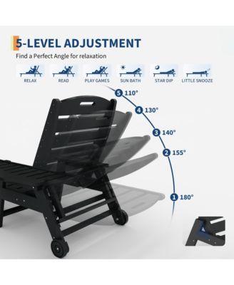 5-Position Adjustable HDPE Folding Chaise Lounge Set Outdoor Recliners with Cup Holder, Wheels, Resin, for Poolside, Garden 2 Pack